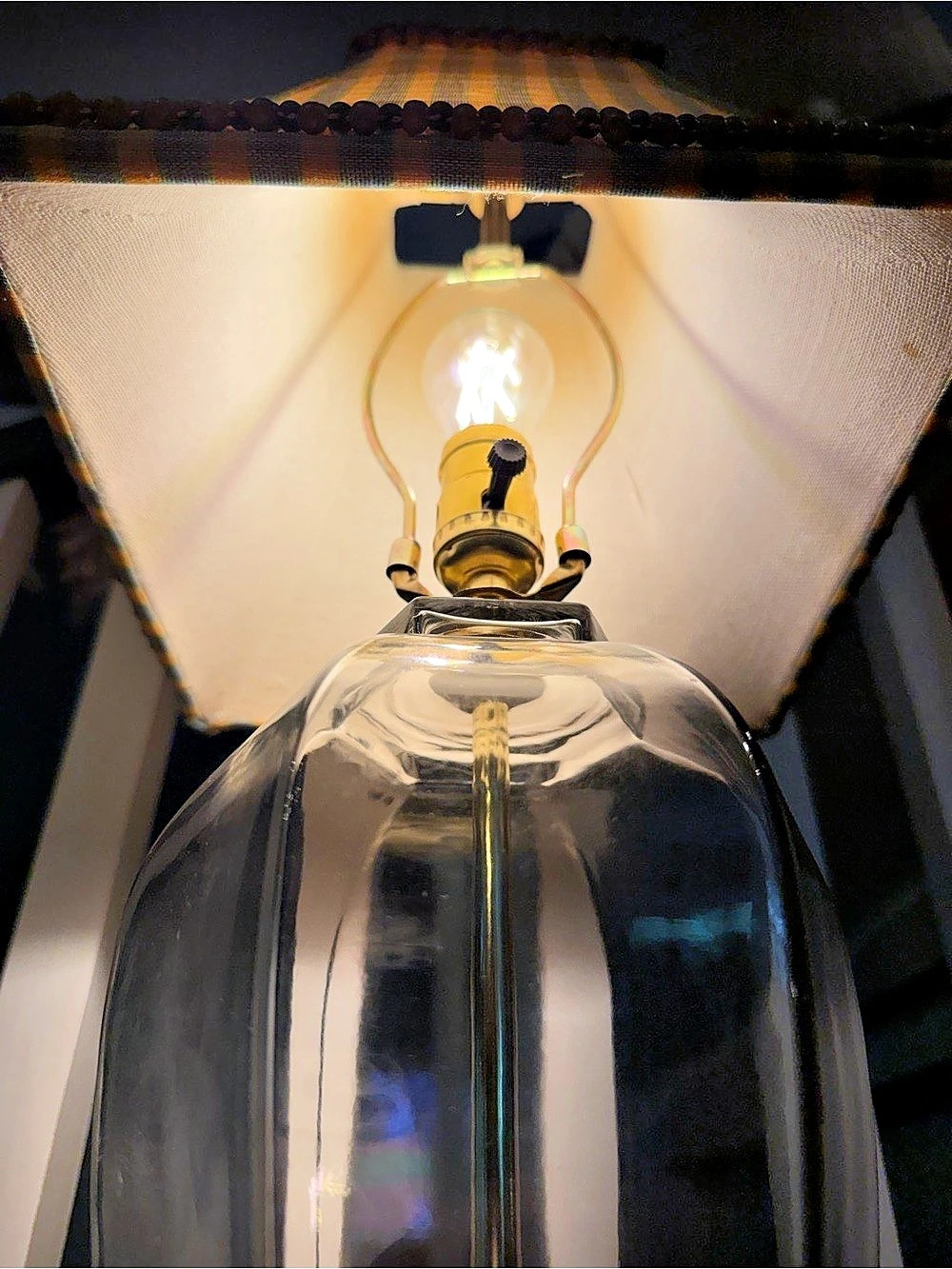 Vintage Collectible Table Lamp Gold & Clear with Striped Chic Shade - Picture 3 of 6